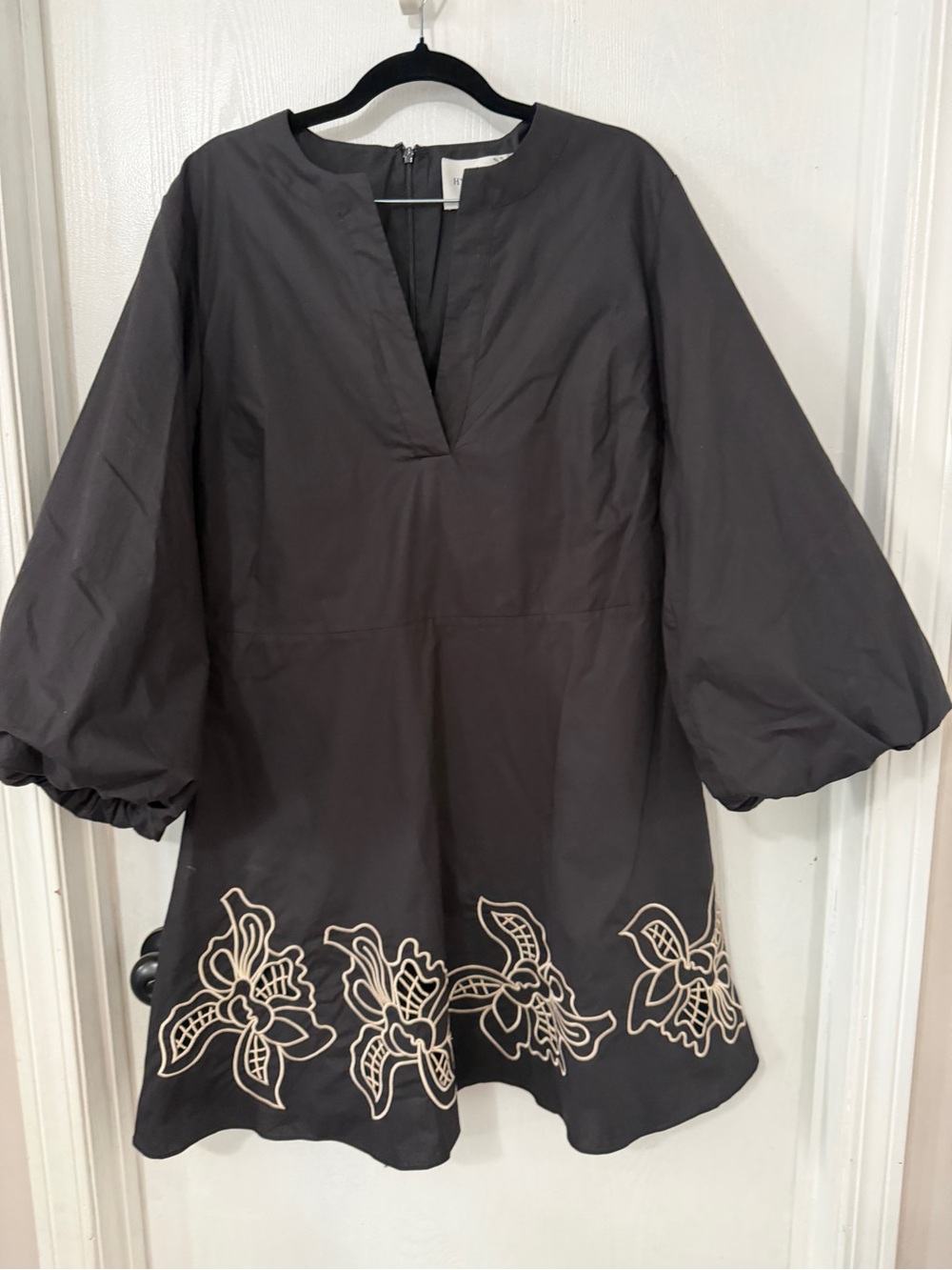 Hyacinth House Black Mini Dress with Balloon Sleeves and Floral Hem